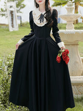 Load image into Gallery viewer, White Lace Collar Long Sleeve Black Edwardian Revival Dress