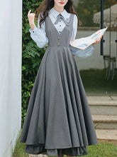 Load image into Gallery viewer, Blue Classic Shirt with Bow Tie and Gray V-Neck Jumper Fake Two-Piece Dress