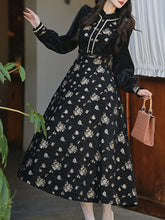 Load image into Gallery viewer, 1950S Vintage Black Embroidered Puffed Sleeve Shirt And Swing Skirt Set