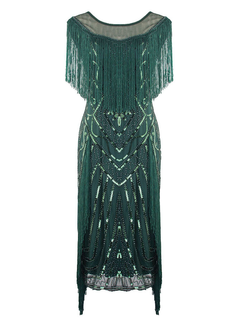 Green Gatsby Glitter Fringe 1920s Flapper Dress, Green / L