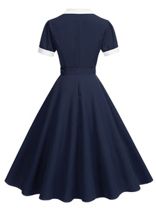 Sweet Navy Sailor Collar Short Sleeve Swing Vintage Dress with Hat Set