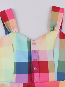 Rainbow Check Strappy Swing Dress 1950S Vintage Dress with Hat Set