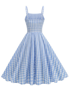 Blue And White Plaid Strap Classis Style 1950S Vintage Dress Set