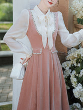Load image into Gallery viewer, White and Pink Bow Fake Two-piece Velvet Long Sleeve Vintage 1950S Swing Dress