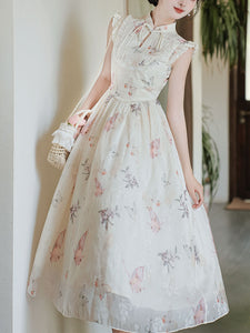 White Ruffles Sleeve Butterfly Print 1950S Vintage Dress