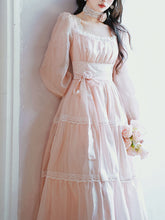 Load image into Gallery viewer, Pink Square Neck Lace Ruffle Vintage Fairy Dress