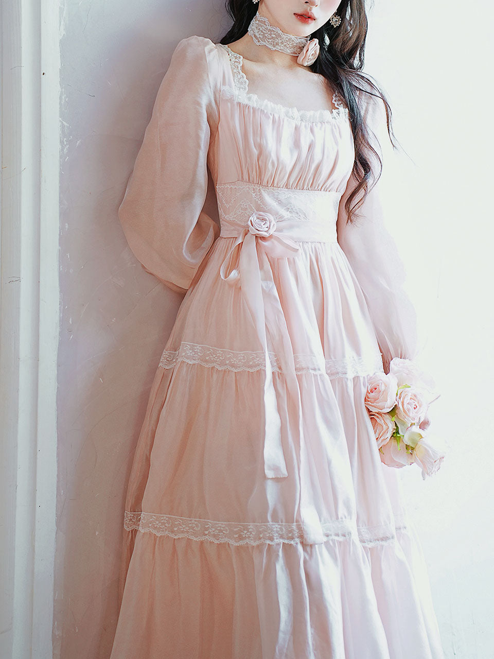 Pink Square Neck Lace Ruffle Vintage Fairy Dress, Pink / S Pink Square Neck Lace Ruffle Vintage Fairy Dress, Pink / S