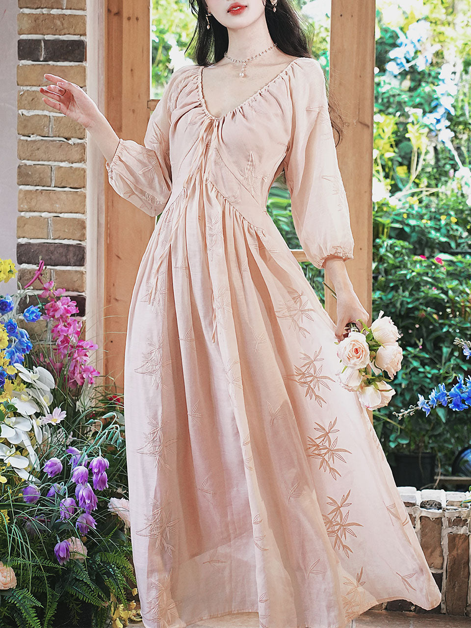 Pink V Neck Embroidered Vintage Fairy Dress, Pink / M Pink V Neck Embroidered Vintage Fairy Dress, Pink / M