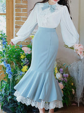Load image into Gallery viewer, 2PS White Lace Bow Long Sleeve Shirt And Blue Fishtail Skirt Outfits