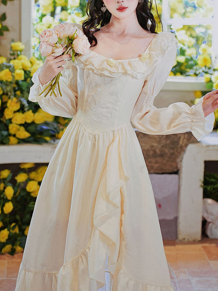 Apricot Square Neck Ruffle Corset Vintage Fairy Dress, Apricot / S