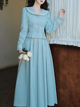 Load image into Gallery viewer, 2PS Lake Blue Sailor Collar Tweed Coat With Swing Skirt 1950S Vintage Audrey Hepburn&#39;s Style Outfits