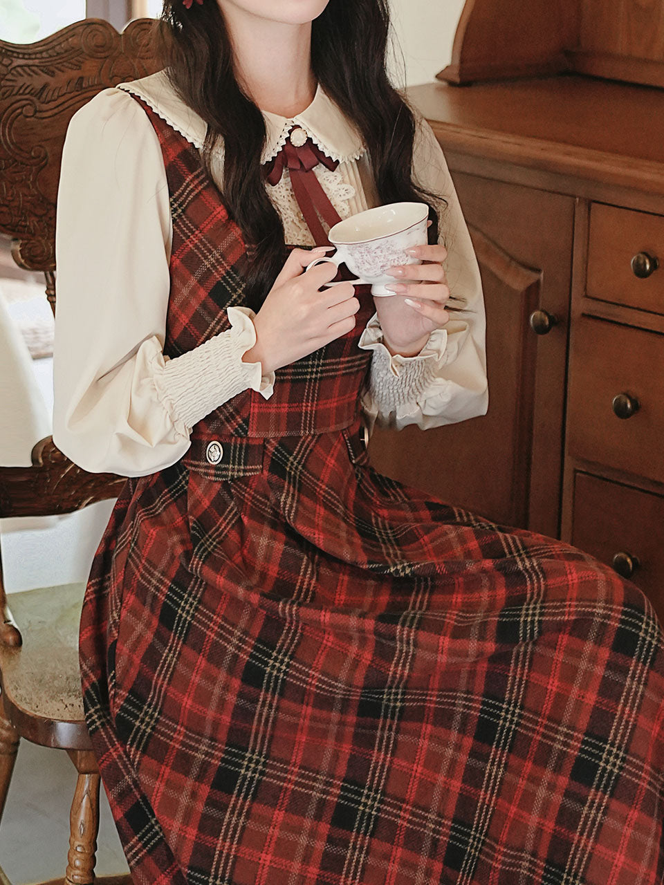 Red Tartan Wool Blend Jumper Dress with White Long Sleeve Blouse Red / XS Red Tartan Wool Blend Jumper Dress with White Long Sleeve Blouse Red / XS