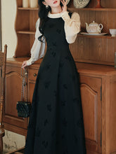 Load image into Gallery viewer, Black &amp; White Butterfly Embroidered Dress with Contrast Sleeves