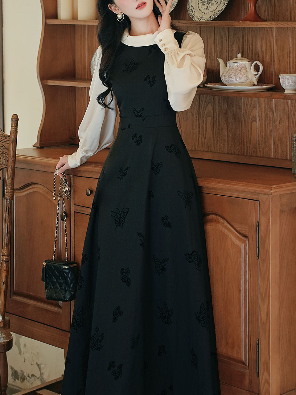 Black & White Butterfly Embroidered Dress with Contrast Sleeves Jolly Vintage Black & White Butterfly Embroidered Dress with Contrast Sleeves Jolly Vintage