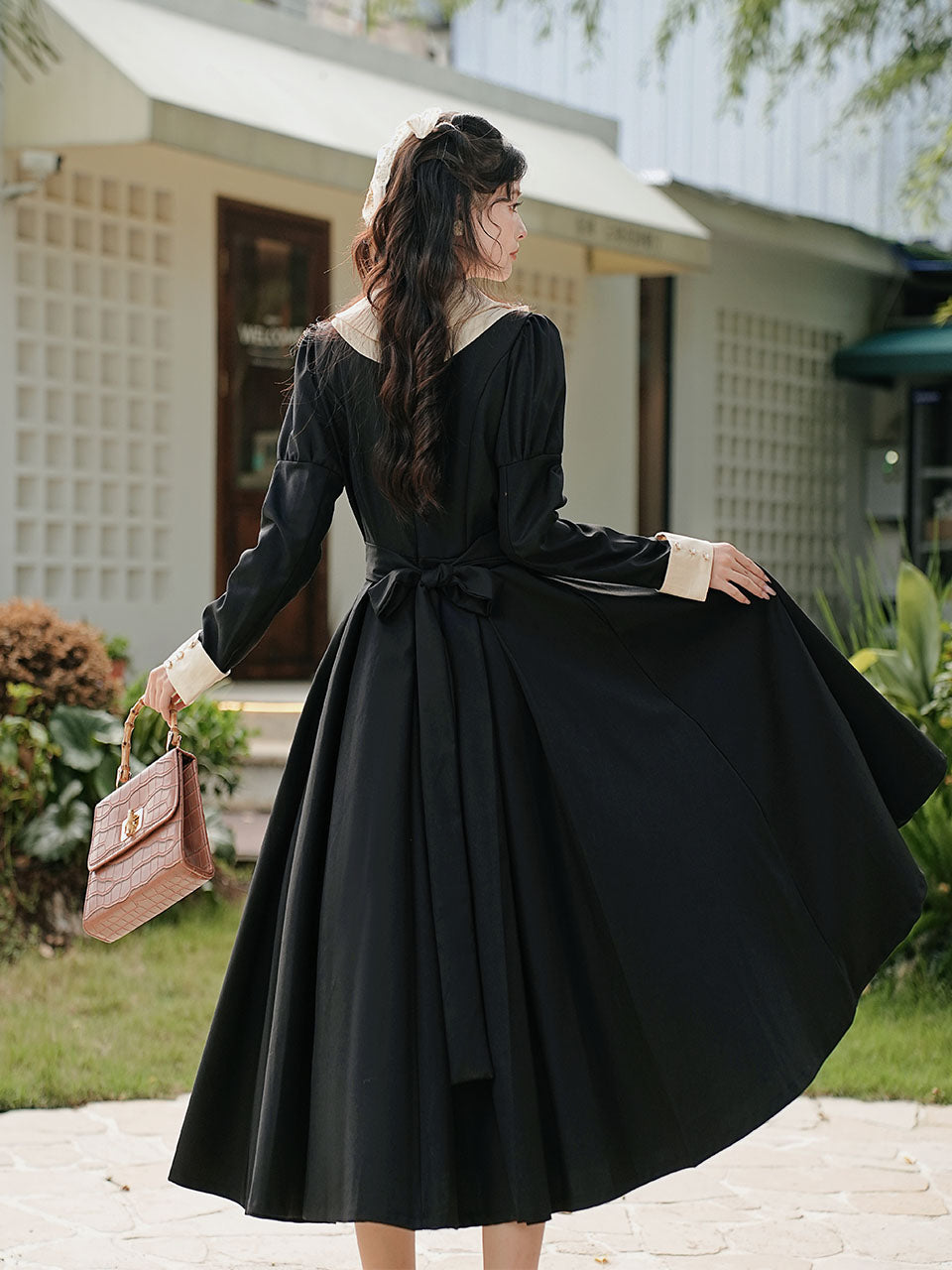 chinese dress ladies White Lace Collar Long Sleeve Black Edwardian Revival Dress Black / XL chinese dress ladies White Lace Collar Long Sleeve Black Edwardian Revival Dress Black / XL