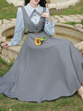 Load image into Gallery viewer, Blue Classic Shirt with Bow Tie and Gray V-Neck Jumper Fake Two-Piece Dress