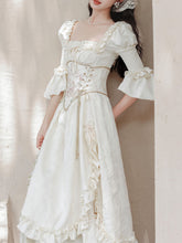 Load image into Gallery viewer, Victorian White Corset Midi Dress - French Rococo Angel Embroidery Ruffle Dress