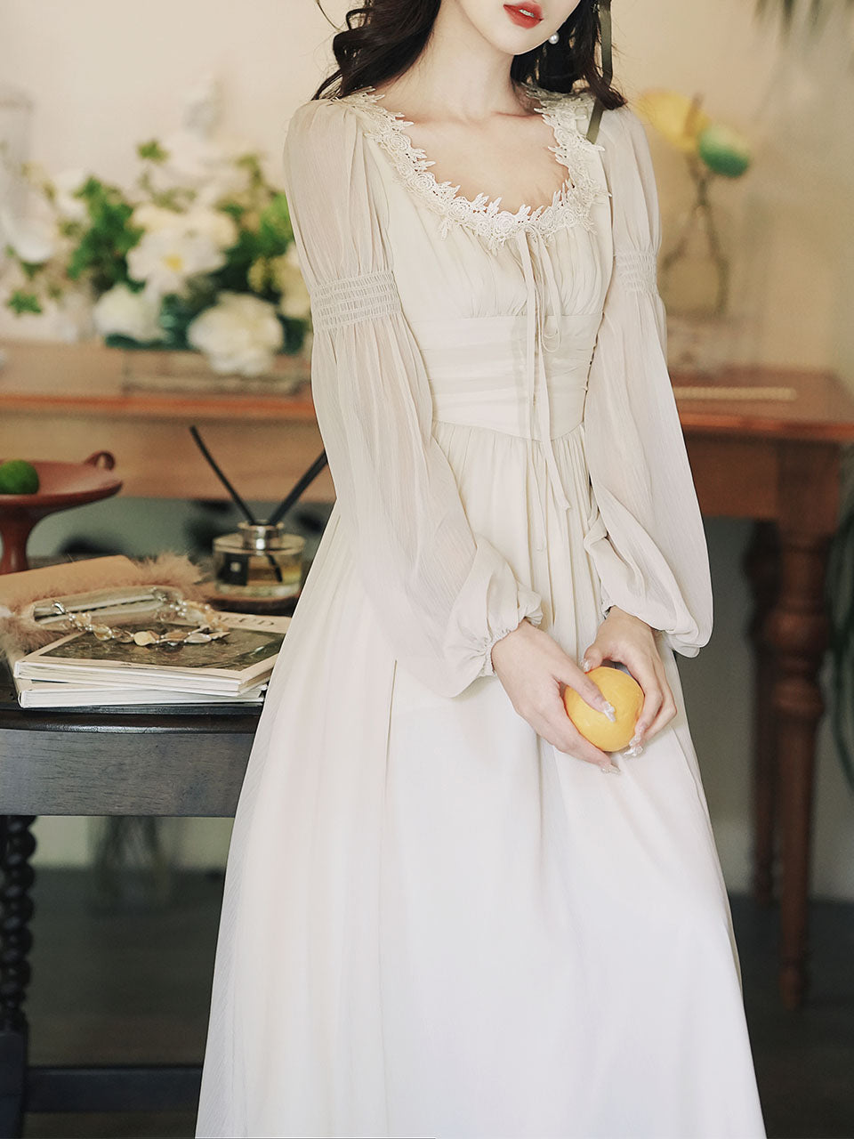 White Lace Neck Ruffles Edwardian Revival Chiffon Dress Jolly Vintage White Lace Neck Ruffles Edwardian Revival Chiffon Dress Jolly Vintage