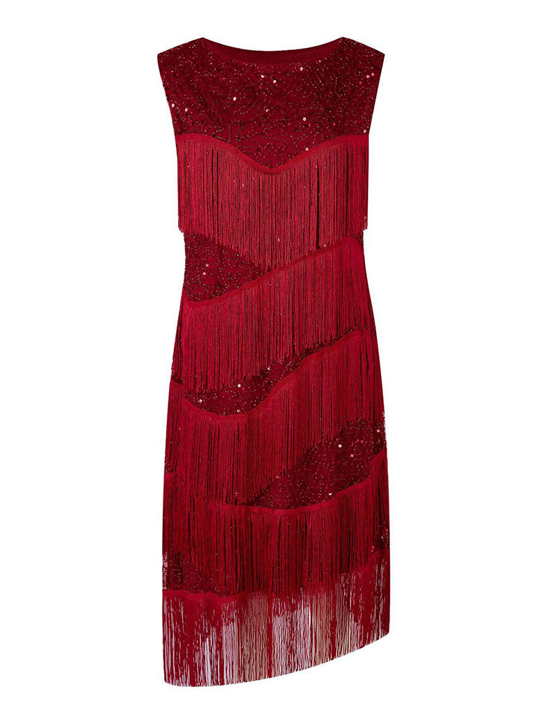 Wine Red Sexy Gatsby Glitter Fringe 1920s Flapper Dress Set, Wine Red / 2XL