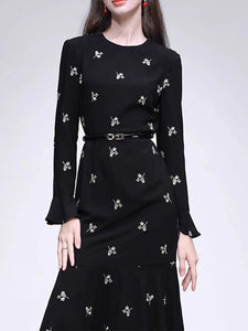 Black Embroidered Flowers Long Sleeve 1940S Fishtail Vintage Dress