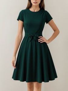 Dark Green Short Sleeve Vintage Dress with Waist Bow