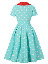 Load image into Gallery viewer, Turquoise Dot 50s Color-Blocking Dress with a Playful Contrast Collar