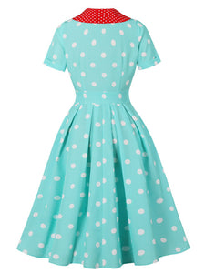 Turquoise Dot 50s Color-Blocking Dress with a Playful Contrast Collar