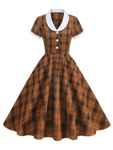 Orange Tartan Plaid Vintage Dress with a White Shawl Collar