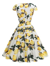 Load image into Gallery viewer, Vintage 1950s Lemon Print Cap Sleeve V Neck Rockabilly Swing Dress