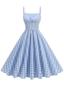 Blue And White Plaid Strap Classis Style 1950S Vintage Dress Set