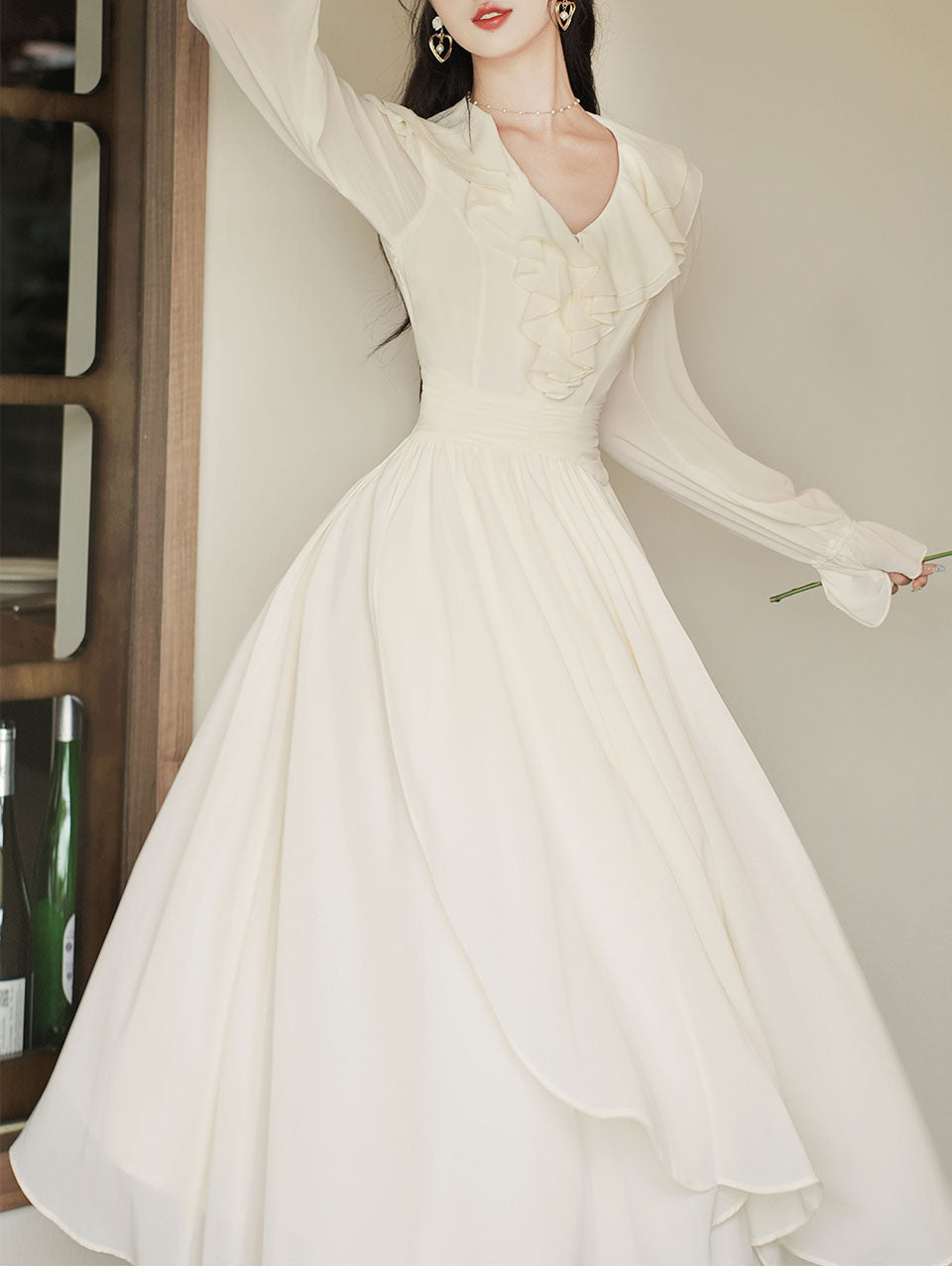 White V Neck Ruffles Edwardian Revival Chiffon Dress – Jolly Vintage