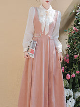 Load image into Gallery viewer, White and Pink Bow Fake Two-piece Velvet Long Sleeve Vintage 1950S Swing Dress