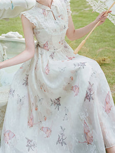 White Ruffles Sleeve Butterfly Print 1950S Vintage Dress