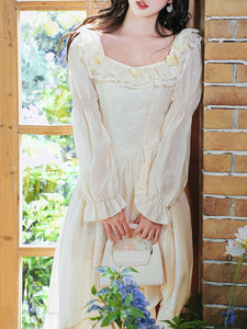 Apricot Square Neck Ruffle Corset Vintage Fairy Dress