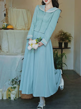 Load image into Gallery viewer, 2PS Lake Blue Sailor Collar Tweed Coat With Swing Skirt 1950S Vintage Audrey Hepburn&#39;s Style Outfits