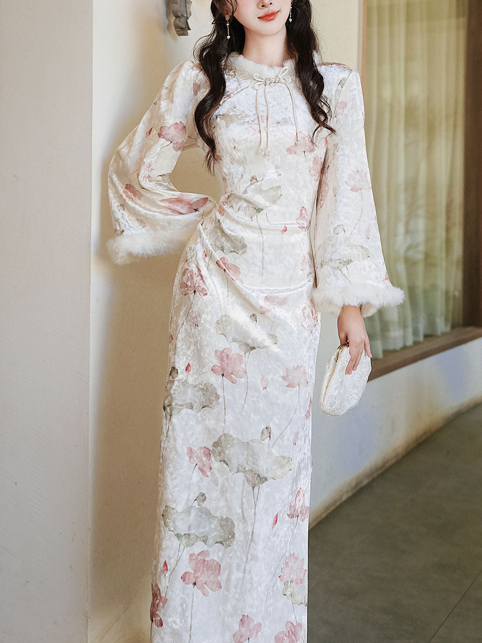 White Lotus Print Velvet Cuffs Rabbit Fur Lined Plush Cheongsam Dress, White / XS White Lotus Print Velvet Cuffs Rabbit Fur Lined Plush Cheongsam Dress, White / XS