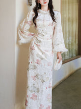 Load image into Gallery viewer, White Lotus Print Velvet Cuffs Rabbit Fur Lined Plush Cheongsam Dress