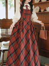 Load image into Gallery viewer, Red Tartan Wool Blend Jumper Dress with White Long Sleeve Blouse