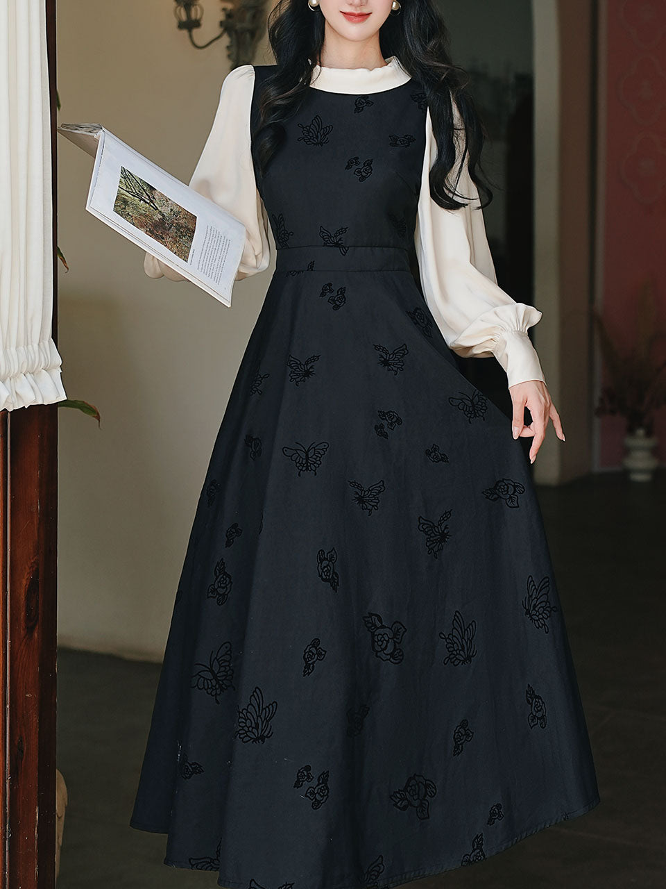black dress with white butterflies & Butterfly Embroidered Contrast Sleeves, Black / S Elegant Bodycon Maxi Dress FA22D3Limestone-family With a boat neck Color:Dusty Turquoise