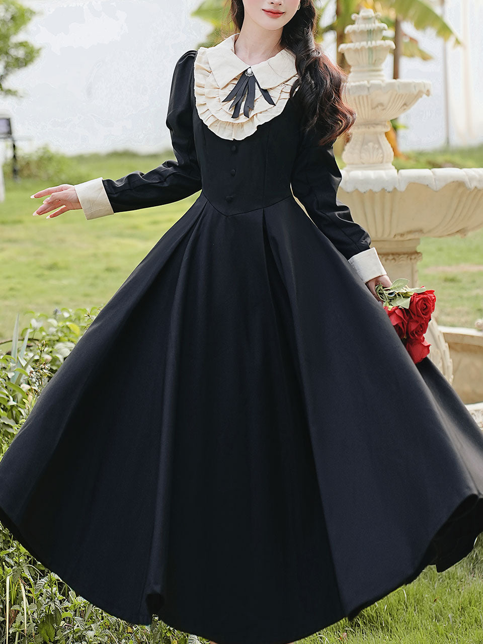 White Lace Collar Long Sleeve Black Edwardian Revival Dress Black / XL White Lace Collar Long Sleeve Black Edwardian Revival Dress Black / XL