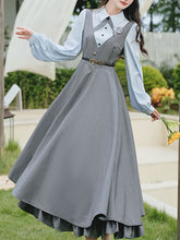 Load image into Gallery viewer, Blue Classic Shirt with Bow Tie and Gray V-Neck Jumper Fake Two-Piece Dress