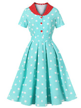 Load image into Gallery viewer, Turquoise Dot 50s Color-Blocking Dress with a Playful Contrast Collar