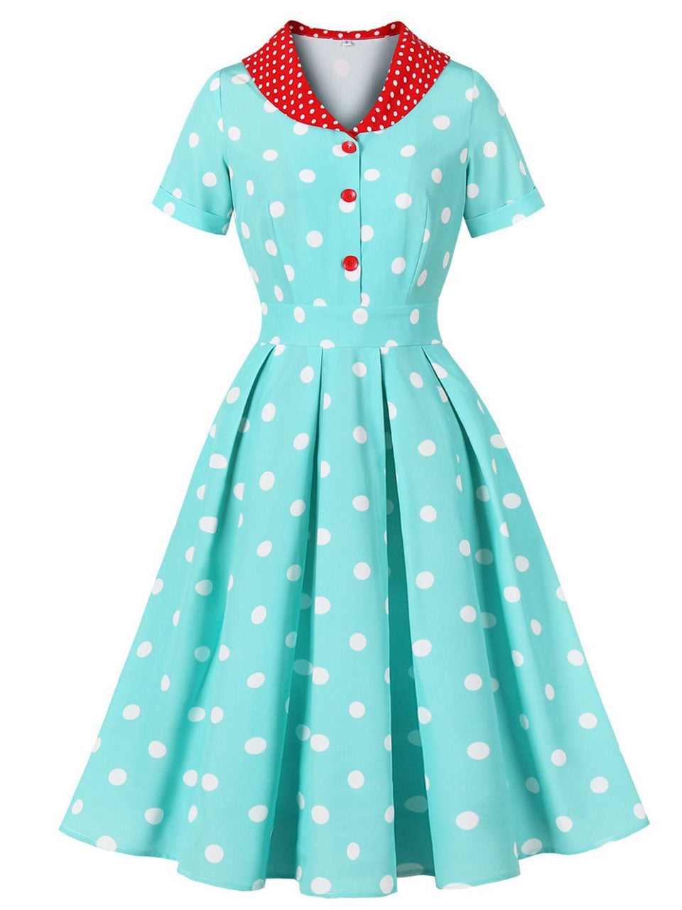 Turquoise Dot 50s Color-Blocking Dress with a Playful Contrast Collar