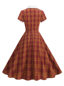 Orange Tartan Plaid Vintage Dress with a White Shawl Collar