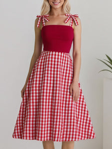 Red And White Plaid Straps Bow Vintage 1950s Swing Dress