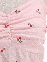 Load image into Gallery viewer, Vintage 1950s Pink Cherry Print Swiss Dot Spaghetti Straps Swing Dress