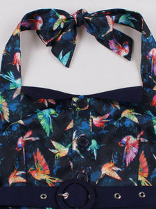 Sweet Navy Birds Printed Cotton 50s Flapper Dress