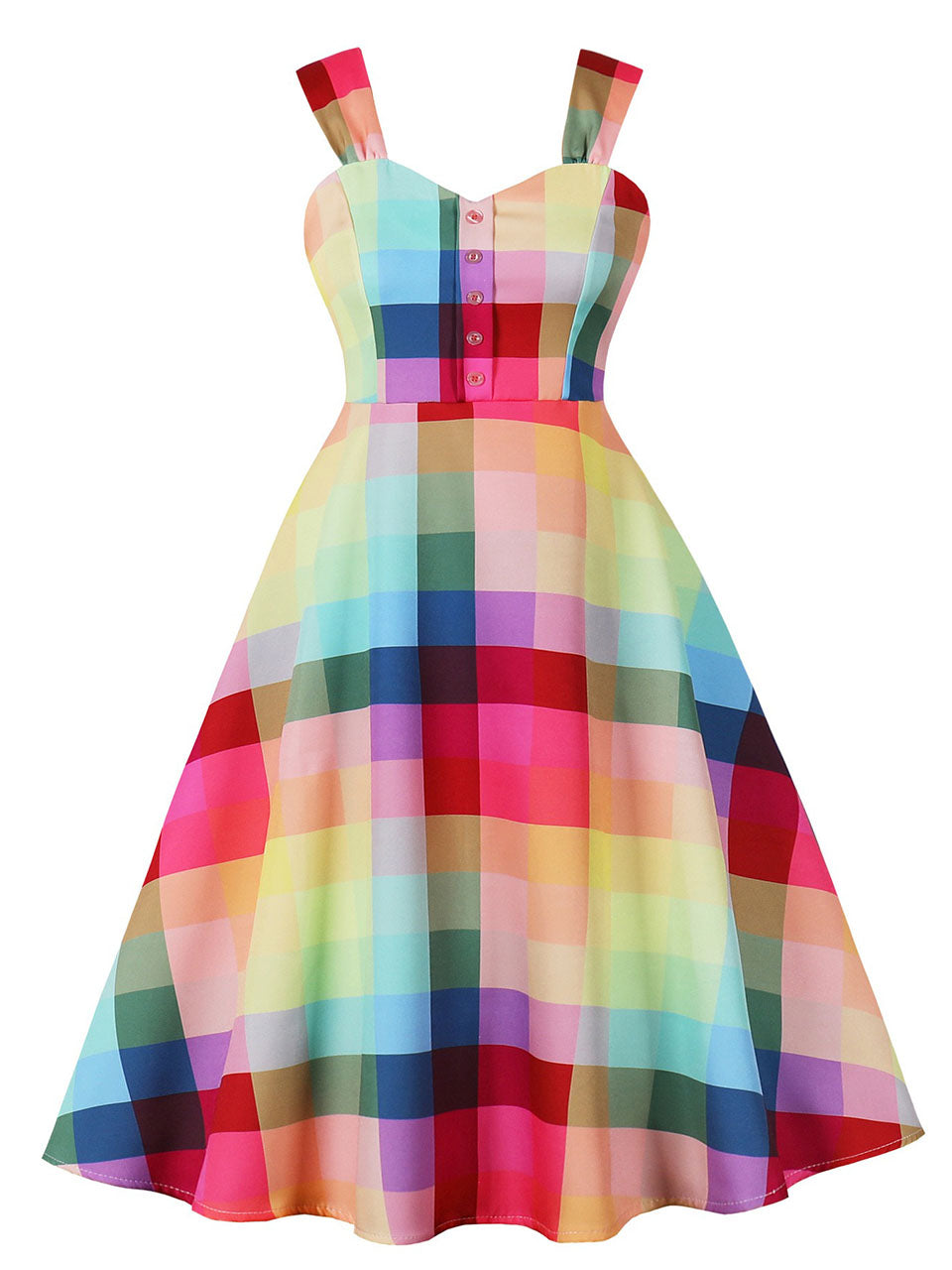 Rainbow Check Strappy Swing Dress 1950S Vintage Dress with Hat Set Rainbow / M