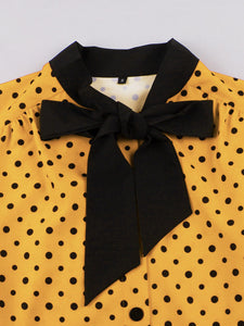 Butterflies Vintage Yellow Polka Dot Dress with a Bow-Tied Neckline