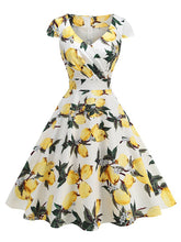 Load image into Gallery viewer, Vintage 1950s Lemon Print Cap Sleeve V Neck Rockabilly Swing Dress